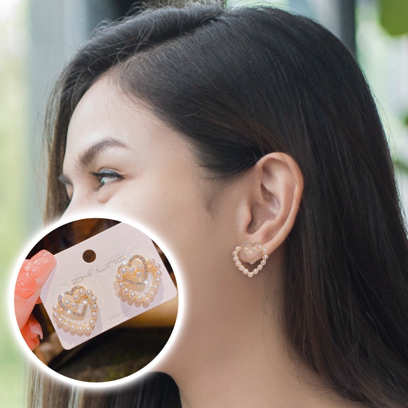 Baru Manis Berlian Imitasi Mutiara Double Heart Stud Earrings Untuk Wanita Gadis Fashion Lucu Perhiasan Pesta Korea Cinta Anting Hadiah