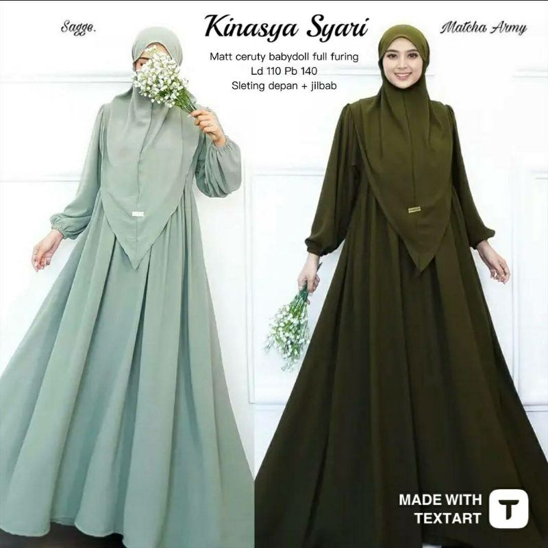 Kinasya Syari Syar'i Set Setelan Gamis Hijab Jilbab Khimar Dewasa Remaja  Ceruty Babydoll Fashion Mu
