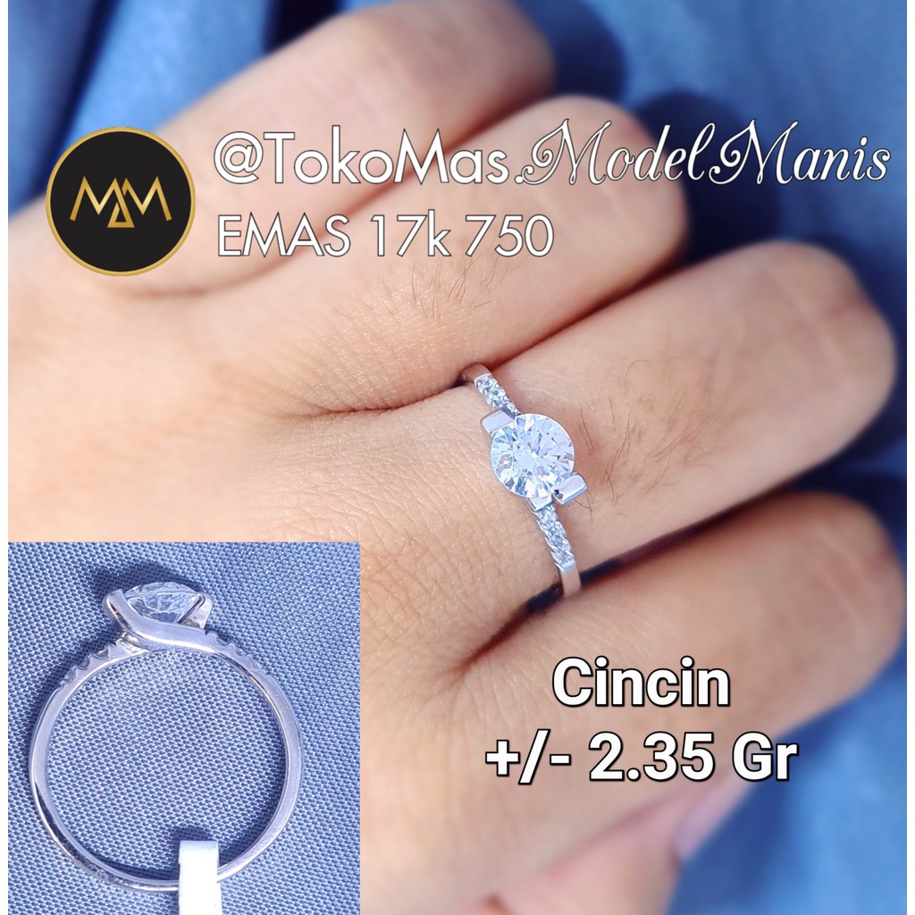 Cincin Solitaire emas putih 750 kadar 17k