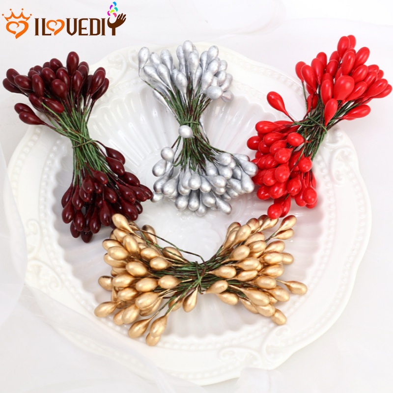 50pcs Fleksibel 2kepala Berry Bunch Xmas Pohon Karangan Bunga DIY Ornamen Buatan Merah Golden Berries Tahun Baru Natal Pernikahan Pesta Dekorasi