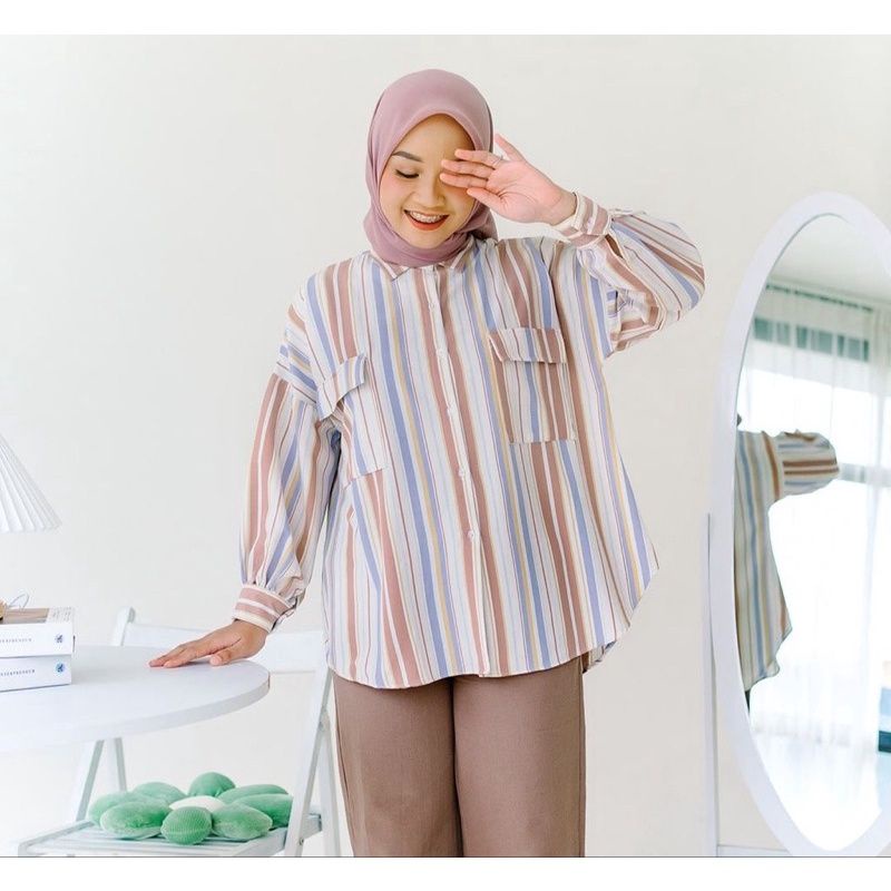 KEMEJA GUELIN  CARISSA OVERSIZE STRIPE KEMEJA FLANEL FLANELY KOTAK KOTAK LENGAN PANJANG BALON AUTER 