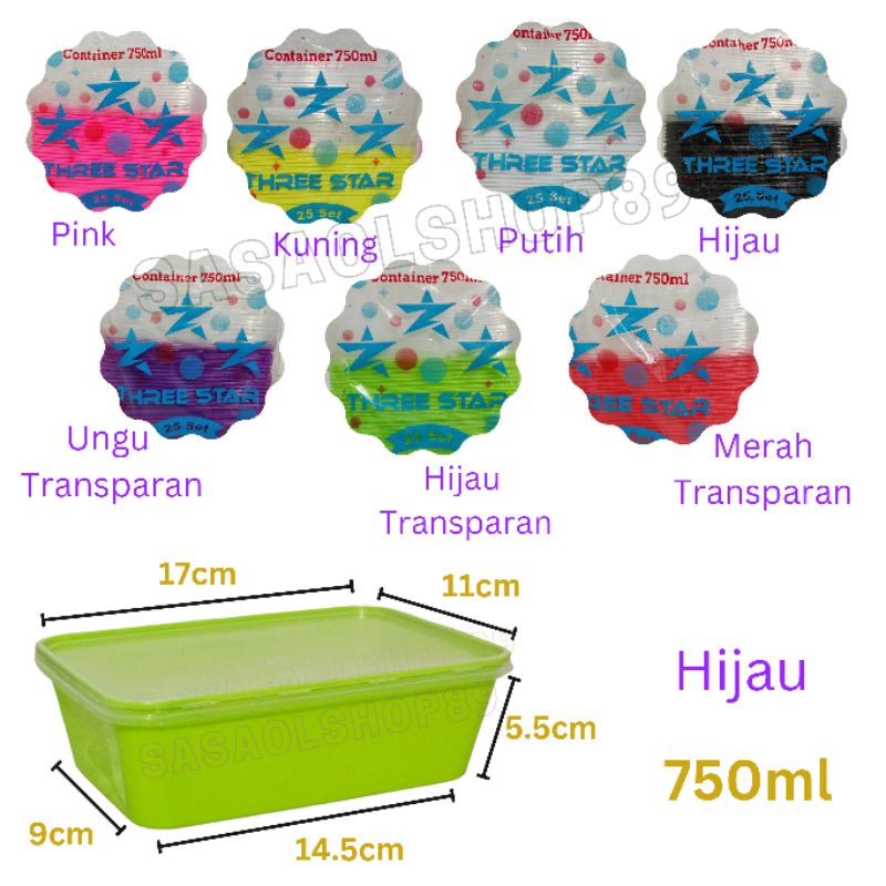 thinwall 750ml persegi panjang (SATUAN) kotak makan plastik warna