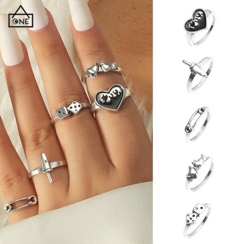 COD❤️Domingo Ring Alloy peniti dadu love pedang retro silver cincin wanita fashion korea 5 set-A.one