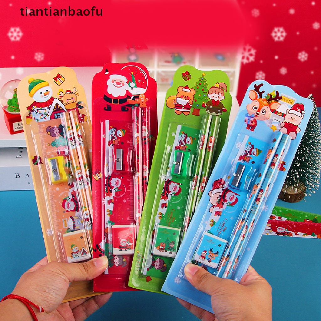 [tiantianbaofu] 5pcs /Set Lucu Kartun Stationery Set Natal Stationery Set Pensil Pengasah Penghapus Penggaris Set Hadiah Alat Tulis Siswa Hadiah Hari Anak Butik
