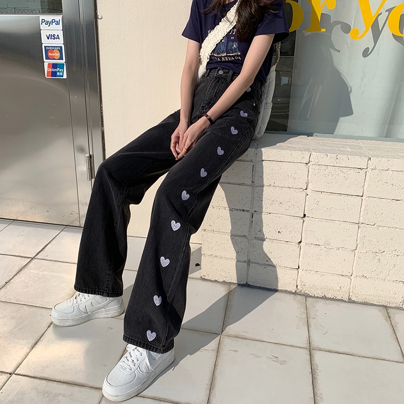 New  Diimpor Highwaist Kulot Jeans Wanita Loose / Jeans wanita Bersulam Love /Celana Hitam Sulaman