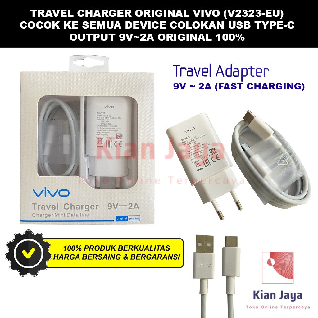 [Garansi 100% Ori] Travel Charger Vivo Fast Charging Model V2323B-EU USB Type Tipe C Cable Travel Adaptor Adapter Casan Hp Ori