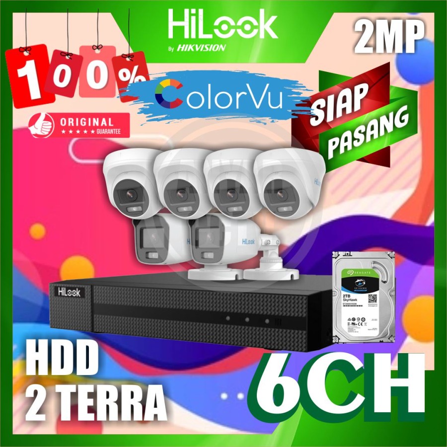 Paket CCTV HiLook 2MP COLORVU 6 KAMERA HDD 2TB SIAP PASANG