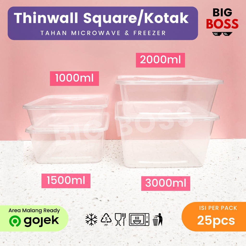 [ISI 25 PCS] Thinwall Bujur Sangkar 2000ml + Tutup Victory / Kotak Makan Plastik Square 2000ml / Kotak Plastik Slametan Hajatan