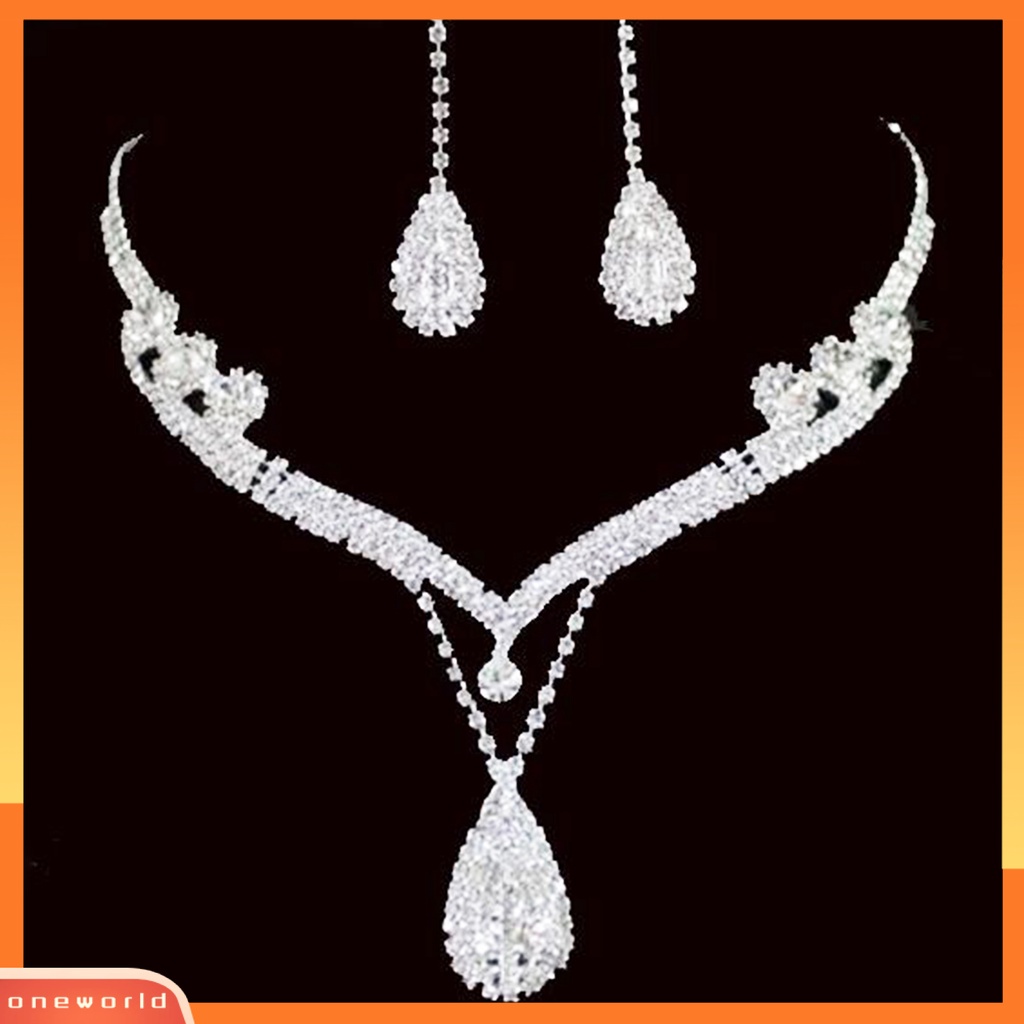 Set Anting Kalung Pernikahan Pengantin Tetesan Air Kristal Berlian Buatan Austria Bening