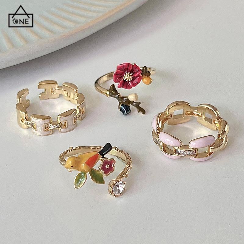 COD❤️Cincin Model Terbuka Bahan Alloy Desain Bungaburung Hias Berlian Imitasi Untuk Wanita Aksesori Cincin Serbaguna-A.one