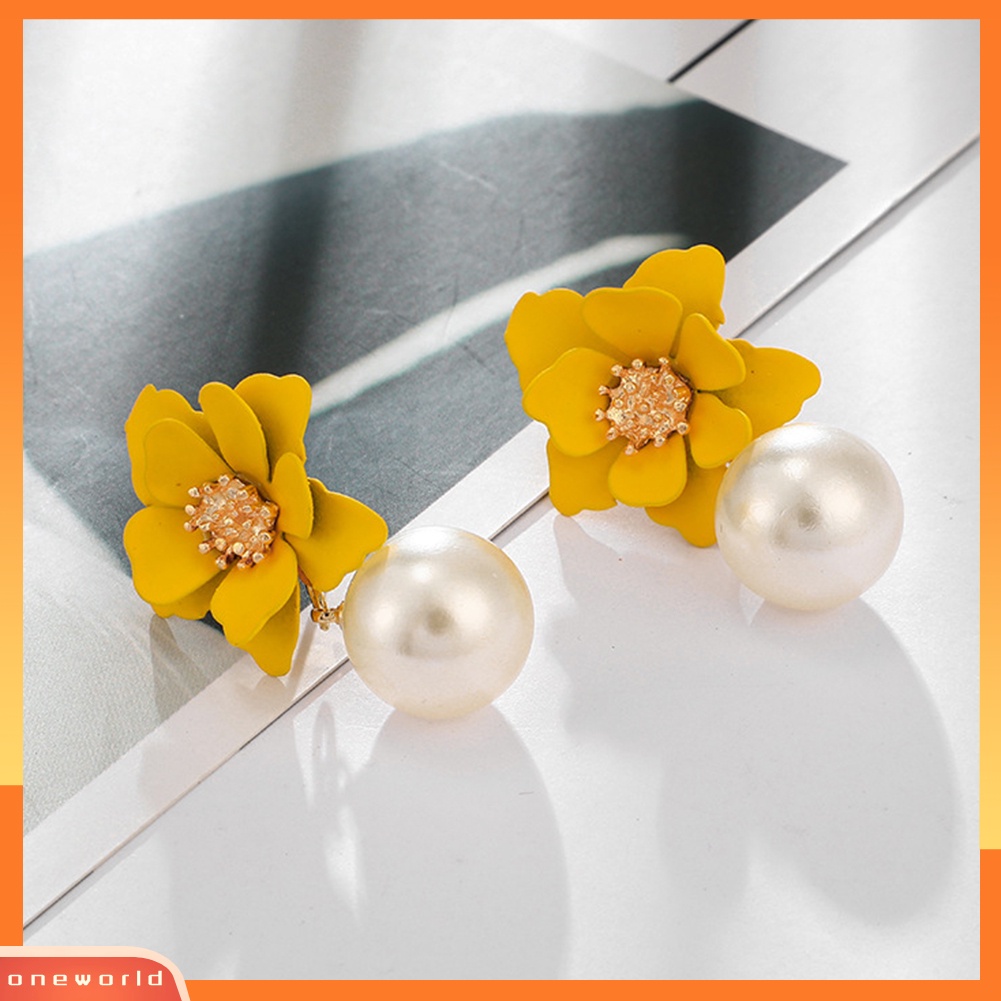 OW@ Women Fashion Flower Faux Pearl Pendant Ear Studs Party Earrings Jewelry Gift