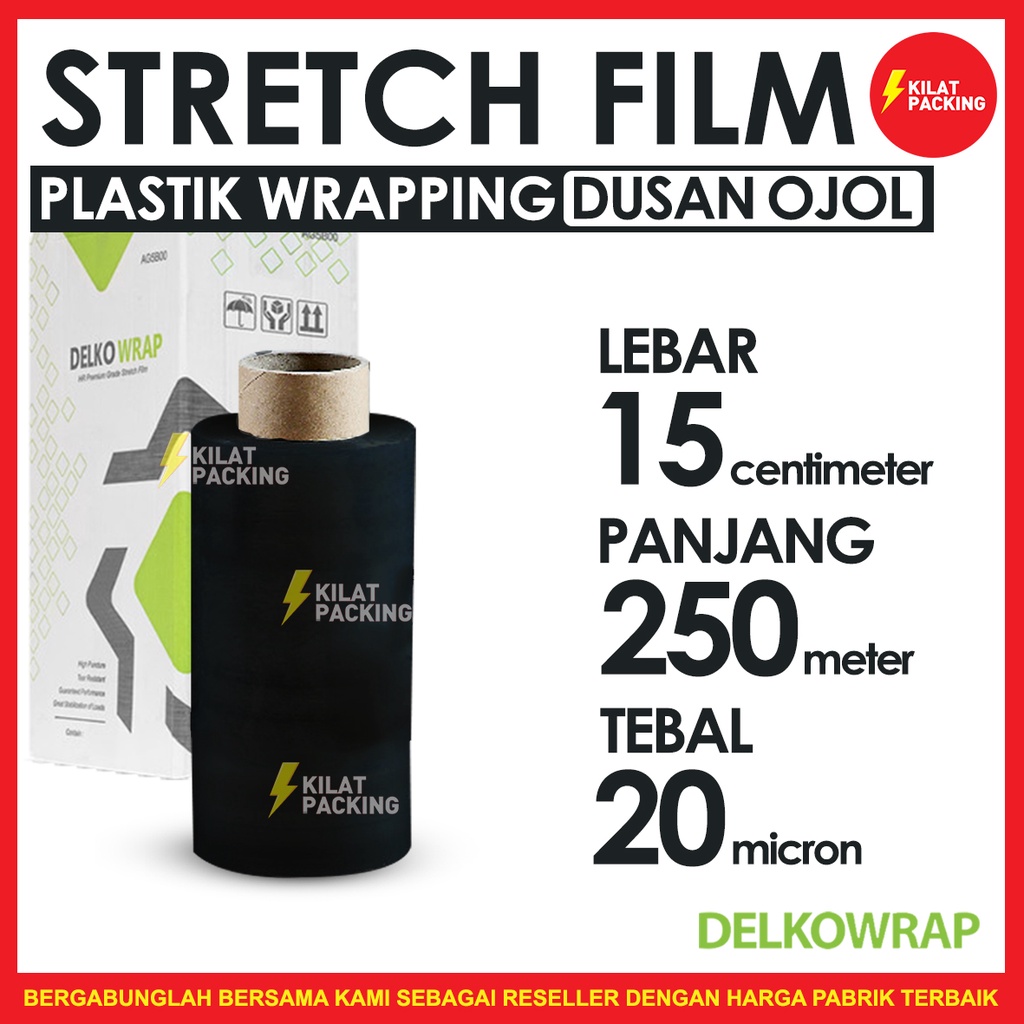 

PLASTIK WRAPPING HITAM 15CM X 250M STRETCH FILM DELKOWRAP PLASTIC WRAP DUS GOJEK/GRAB 18 Pcs