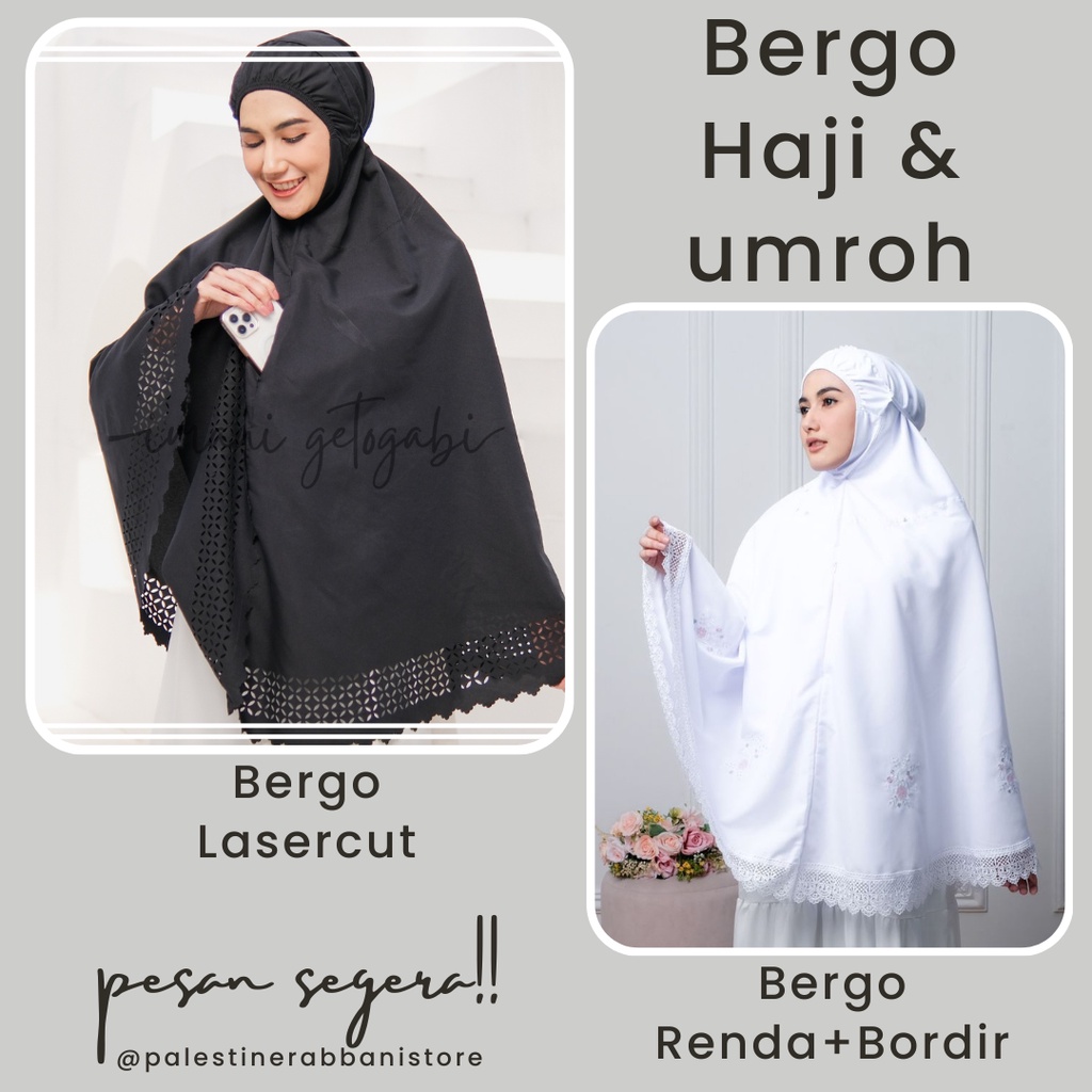 Bergo Umroh Haji Wanita Bersaku Resleting Katun Premium Jumbo Pakai Renda Di Kepala Warna Hitam Puti