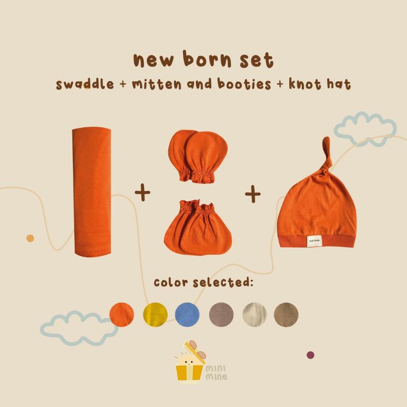 Minimine - New Born Set / berisi bedong sarung tangan kaki topi / swaddle set bayi baru lahir / set hadiah lahiran / hampers lahiran / selimut bayi