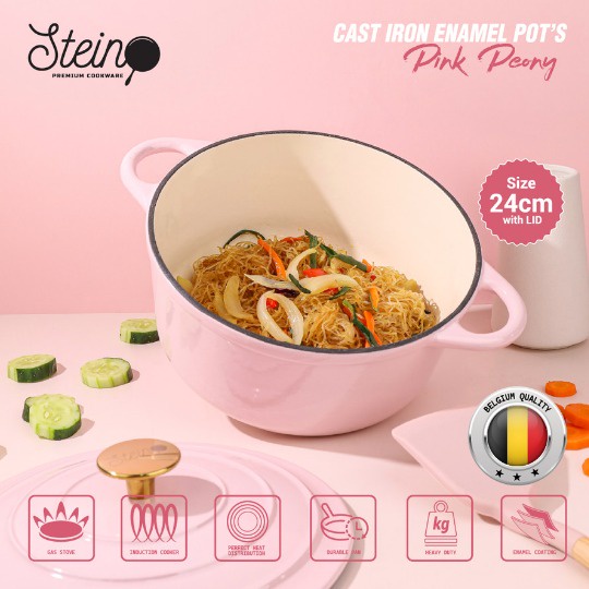 Stein Cookware - Non-Stick Cast Iron Enamel Pot | Pink Peony