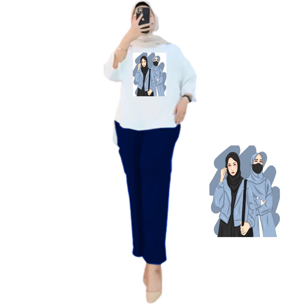 Setelan Tunik Muslim Hijab Girls Biru / Blouse Wanita Kombinasi