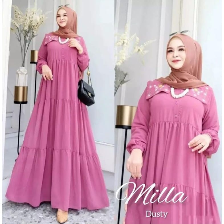 Milla Dress Gamis Malaysia Ceruty Babydoll Aksen Bordir Baju Kondangan Wanita Jumbo Gamis Busui Friendly Gaun Pesta Muslimah