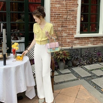 [littlecrab] Atasan Blouse Knit Top Kuning With Pearl Cardigan Rajut V-Neck Shirt Lengan Pendek Blus Berkualitas Outer Kuning Pretty Color Semi Crop Korean Style