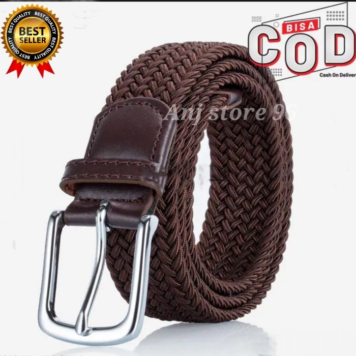 Ikat Pinggang Wanita ikat pinggang karet sabuk melar gesper kepang elastis pria wanita - coklat tua,