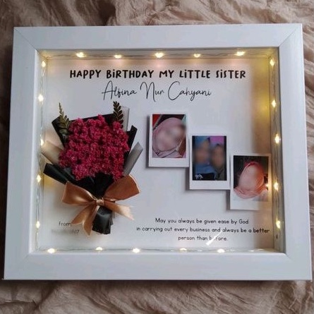 Edelweis mini bouquet in 3d frame + lampu / Buket / Figura 3D 5R 6R 8R 10R /  Bunga Kering / Kado ul