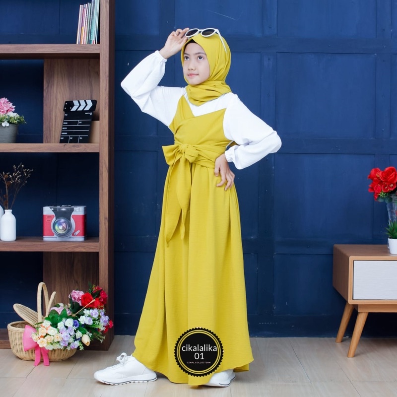 set gamis anak LESTY POLOS KRINGKEL pasmina