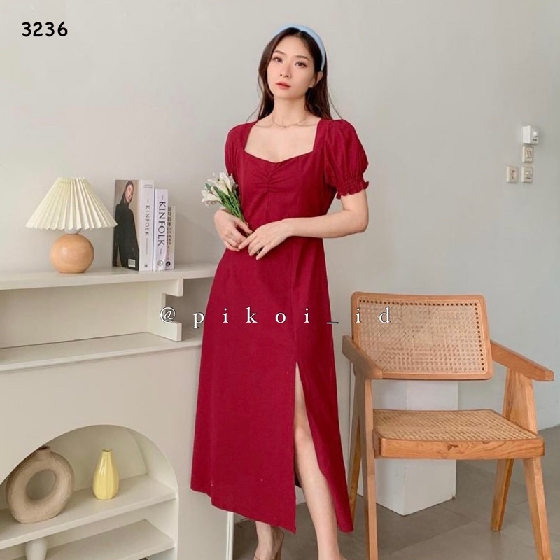 Dress wanita merah natal / dress imlek korea cewe merah v neck katun linen korean minimalis 3236