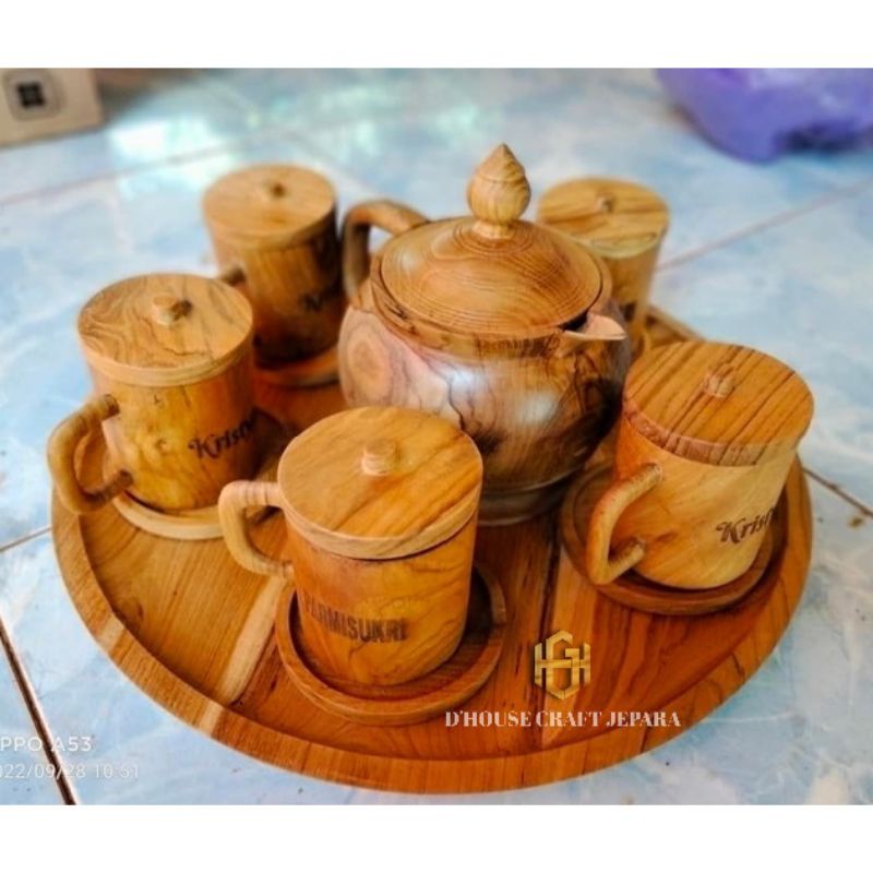 Gelas Stainless Unik Kayu Jati Bergambar Set ( 5 Gelas, 1 Nampan, 1 Teko )