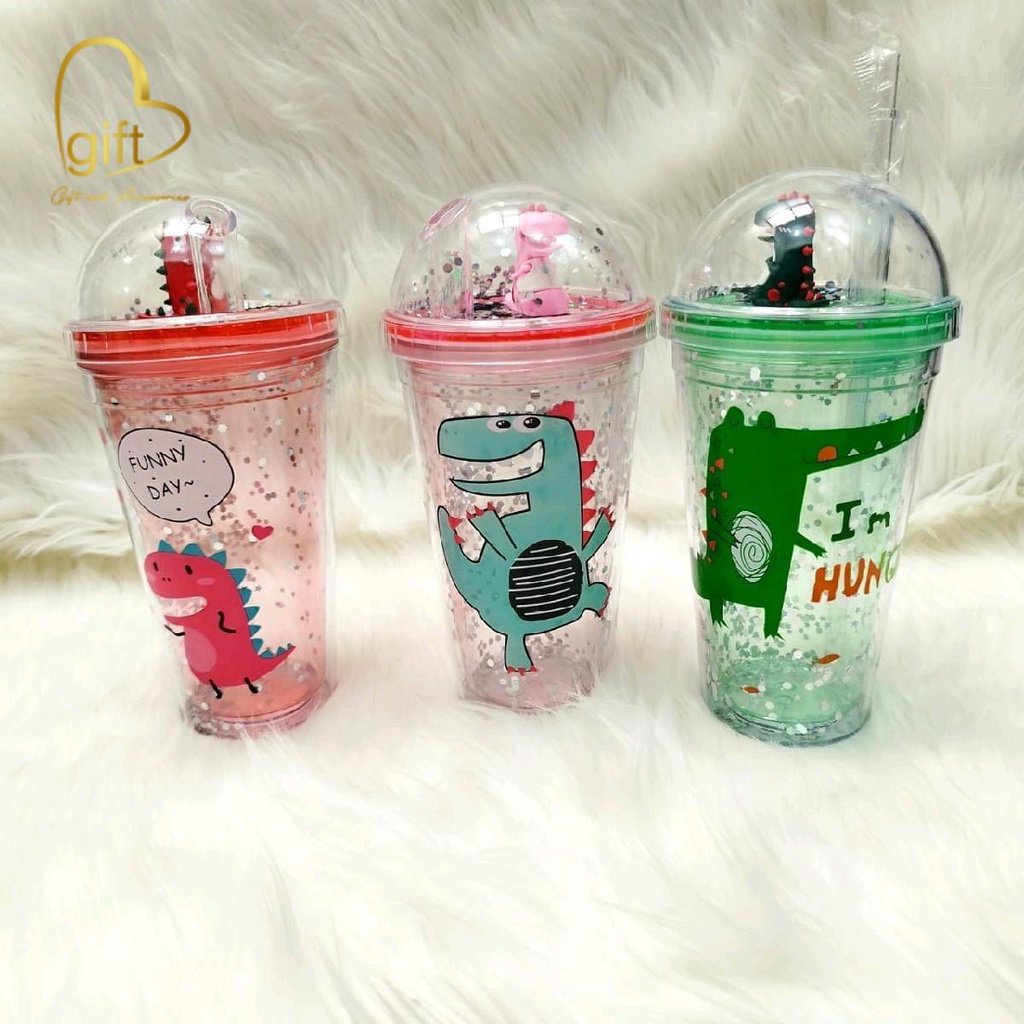 Tumbler Boneka Dino Glitter - Botol Minum Glitter Tumbler Dino Sedotan Viral