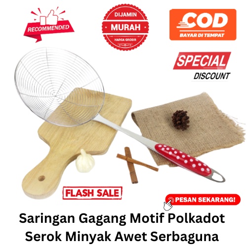 [BISA COD] PROMO Saringan Gagang Motif Polkadot Serok Minyak Awet Serbaguna Penyaring Makanan Serok Stainless Serok Jaring Serok Mie Serok Masak Murah