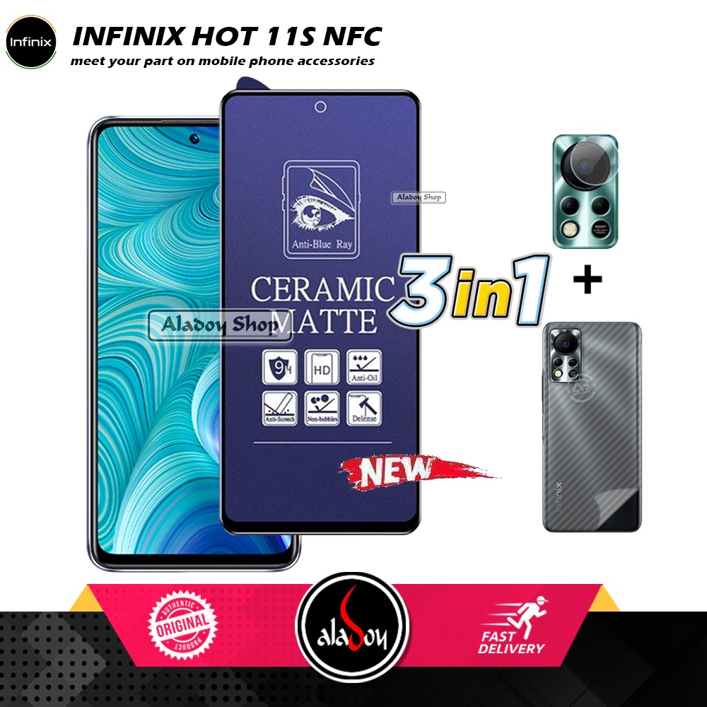 PAKET 3IN1 Anti Gores Blue Matte Anti Glare Infinix Hot 11s Nfc + Tempered Glass Camera dan Skin Carbon