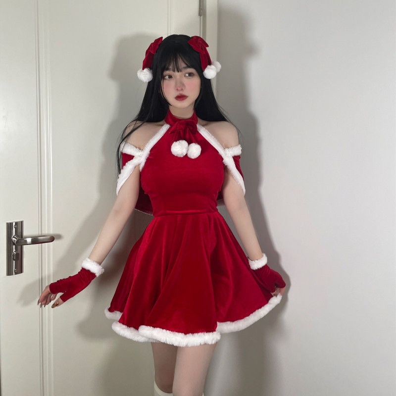 Suhao setelan jas dua potong jaring merah Natal seragam gaun merah lucu seksi tepi mentah ikatan simpul setelan rok perempuan
