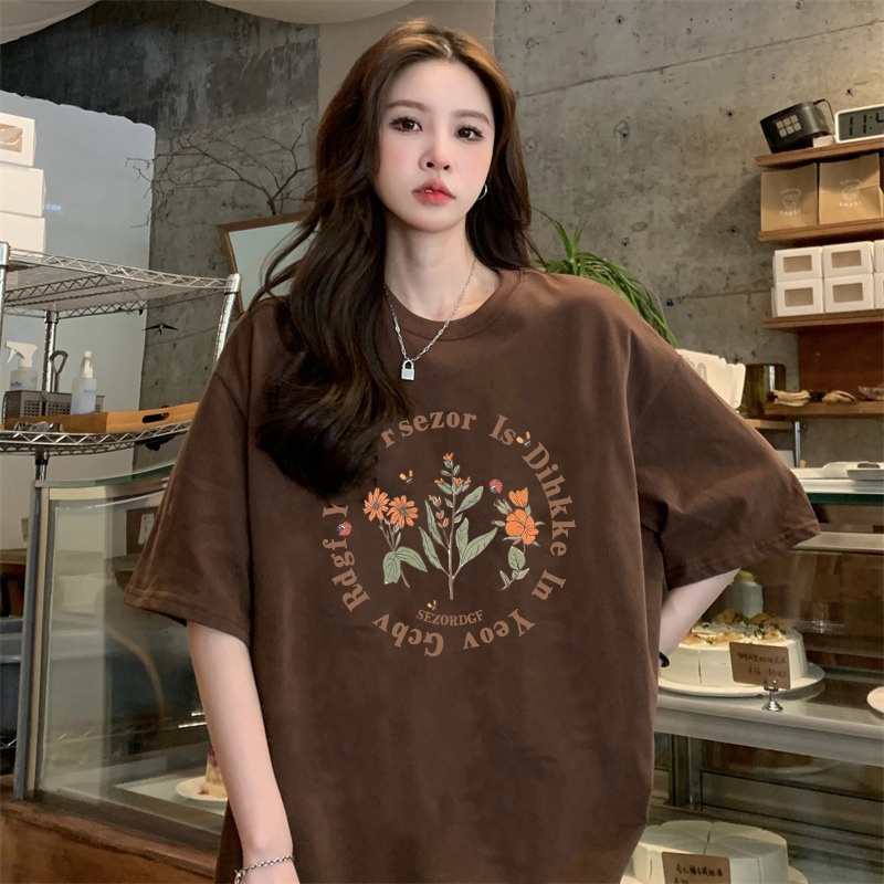 American Vintage Flower Pattern printing Overszie T-shirt baju kaos wanita/kaos puith/baju kaos wanita lengan pendek