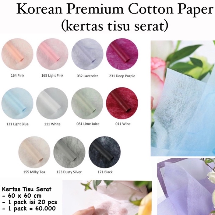 

[5 LEMBAR] Kertas Tisu Buket Serat / (Premium Cotton Paper) Non Woven Tissue untuk Wrapping Bunga / Flower Cellophane