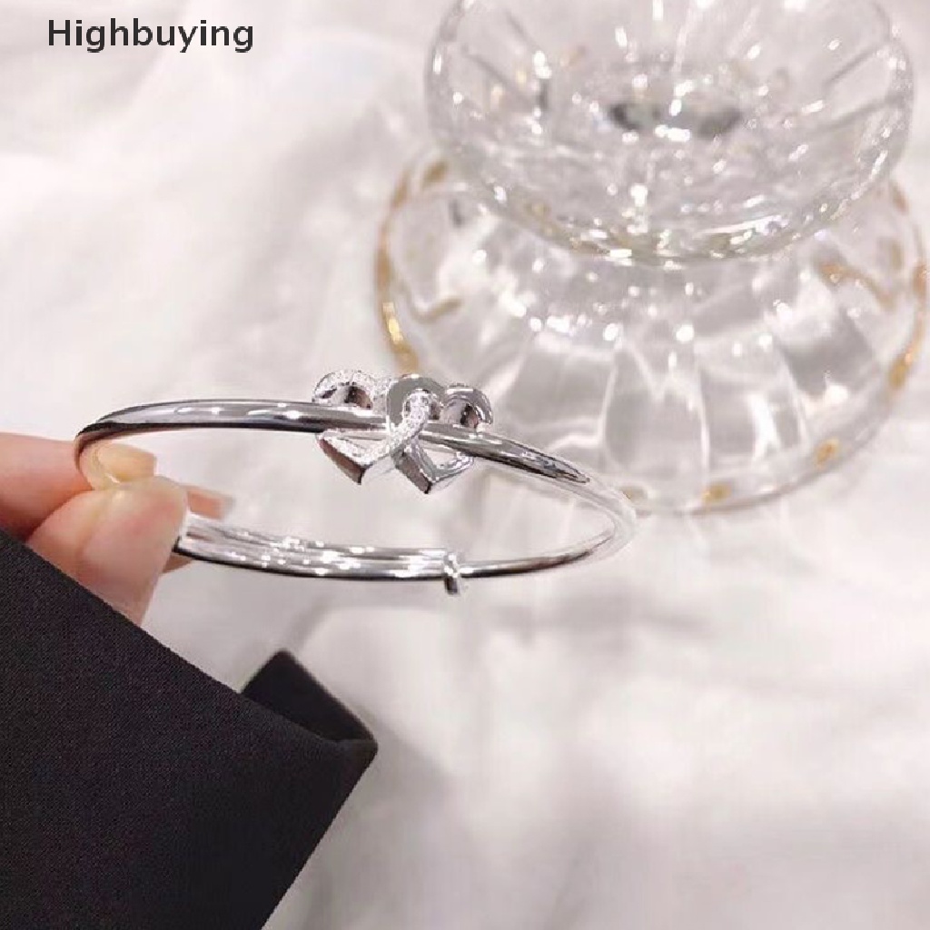 Hbid Fashion Double Heart Adjustable Bangle Fashion Warna Perak Kepribadian Sederhana Gelang Untuk Wanita Gadis Persahabatan Perhiasan Hadiah Glory