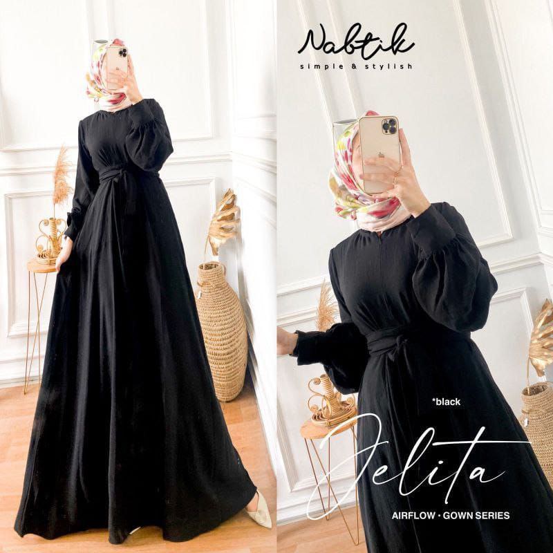 Jelita Gamis Terbaru Susun Crinkle Airflow Premium Dress Wanita Lengan Panjang Women Robes Kekinian LD 110 Cm