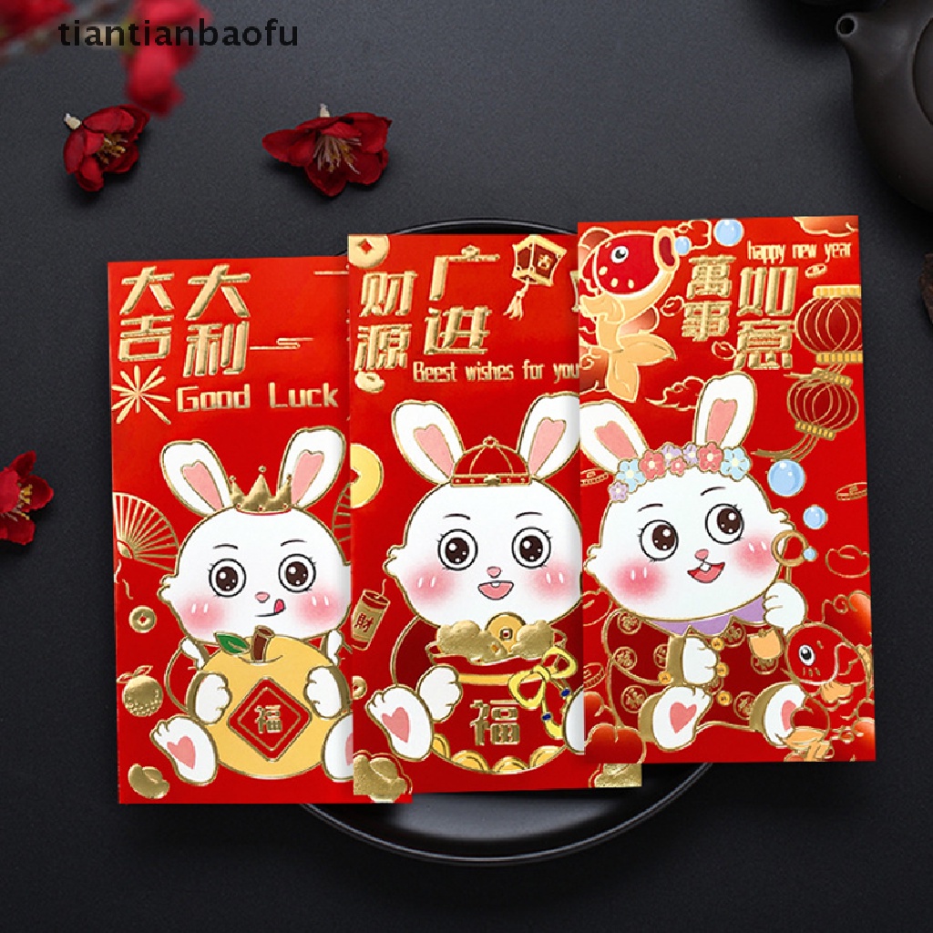 [tiantianbaofu] 6 Pcs 2023tahun Kelinci Festival Musim Semi Tahun Baru Amplop Merah Kartun Anak Hadiah Uang Packing Tas Beruntung Merah Paket Tas Butik