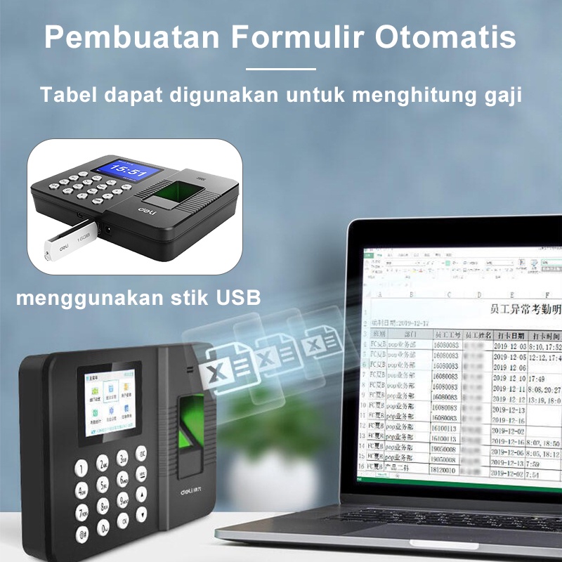 Deli Mesin Absensi Sidik Jari Absen 100.000 Memori Absensi Finger Print USB Fingerprint Attendance Machine