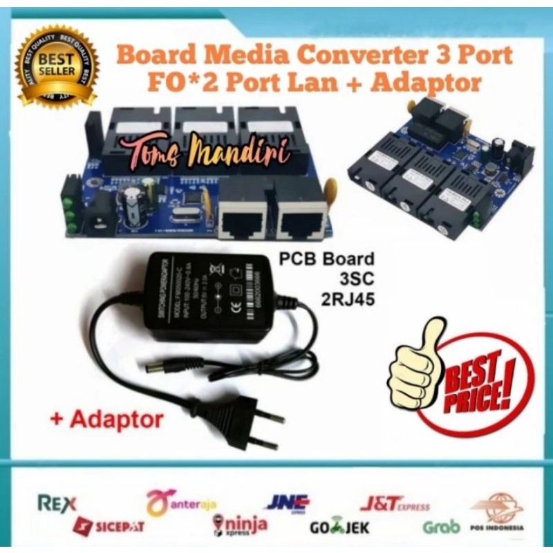 Media Converter 3 Port FO 2 Port LAN 10 / 100 Board + Adaptor 5v - 2 Amper