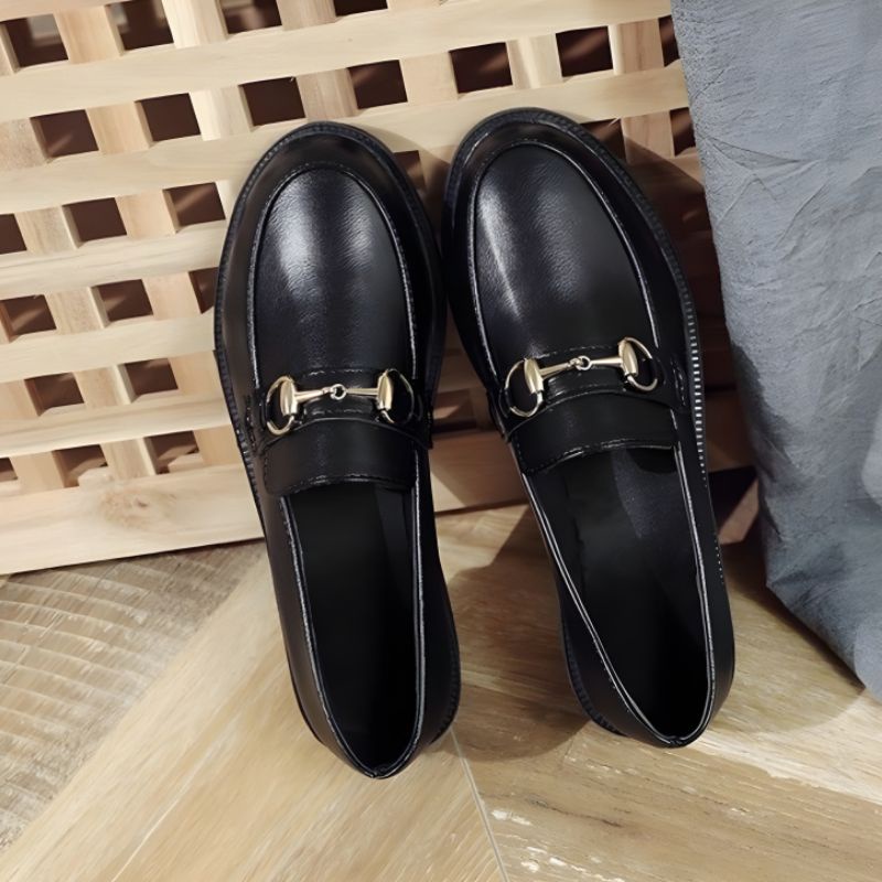 Sepatu Docmart Wanita Hitam Kulit Hak Datar Kasual Import Premium DF 566 Sepatu Flat Loafers Kulit Cewek Kekinian Fashion Korean Style 8045 Bisa Cod