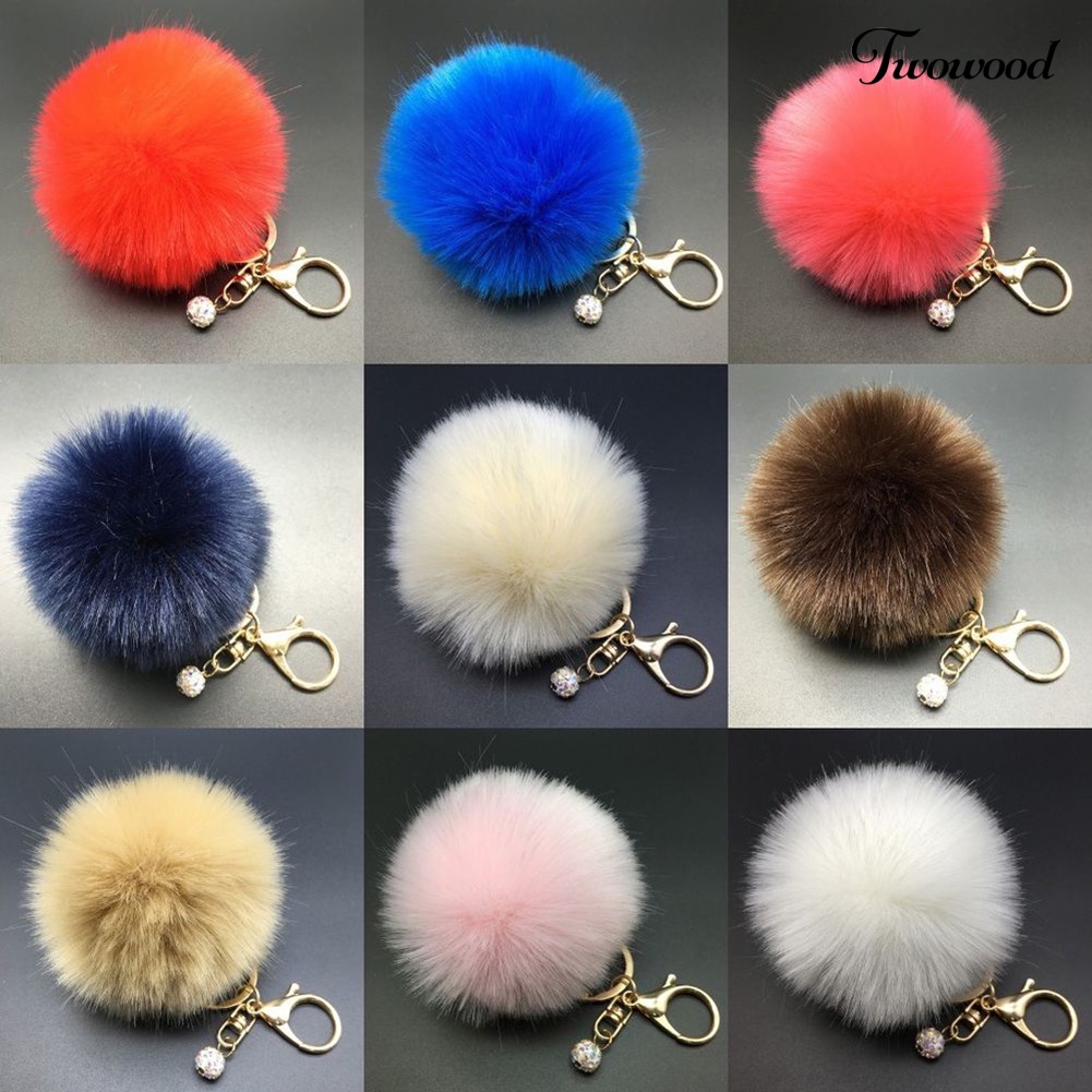 Twowood Fashion Faux Fur Fluffy Pompom Bola Mobil Liontin Handbag Pesona Gantungan Kunci Keyring