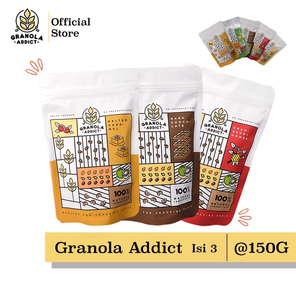 

Granola Addict - Paket Isi 3 * 150gram (Dark Choco, Cinnamon, Cranberry, Caramel, Pandan Wangi)