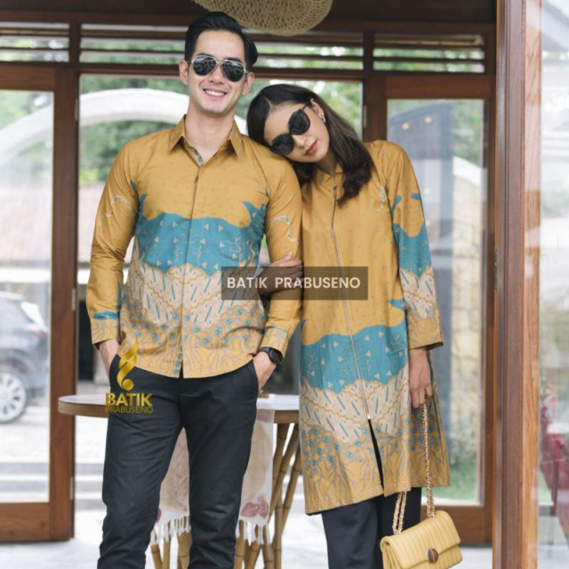 Batik Prabuseno Couple Motif Gavin Kuning Lengan Panjang Kemeja Hem Atasan Tunik Pria Wanita Modern 