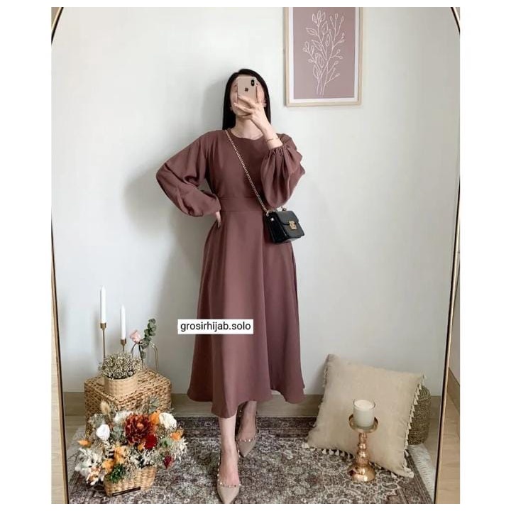 (DBY) GAMIS MIDI REBECCA DRESS LENGAN BALON ATASAN WANITA CRINCLE AIRFLOW