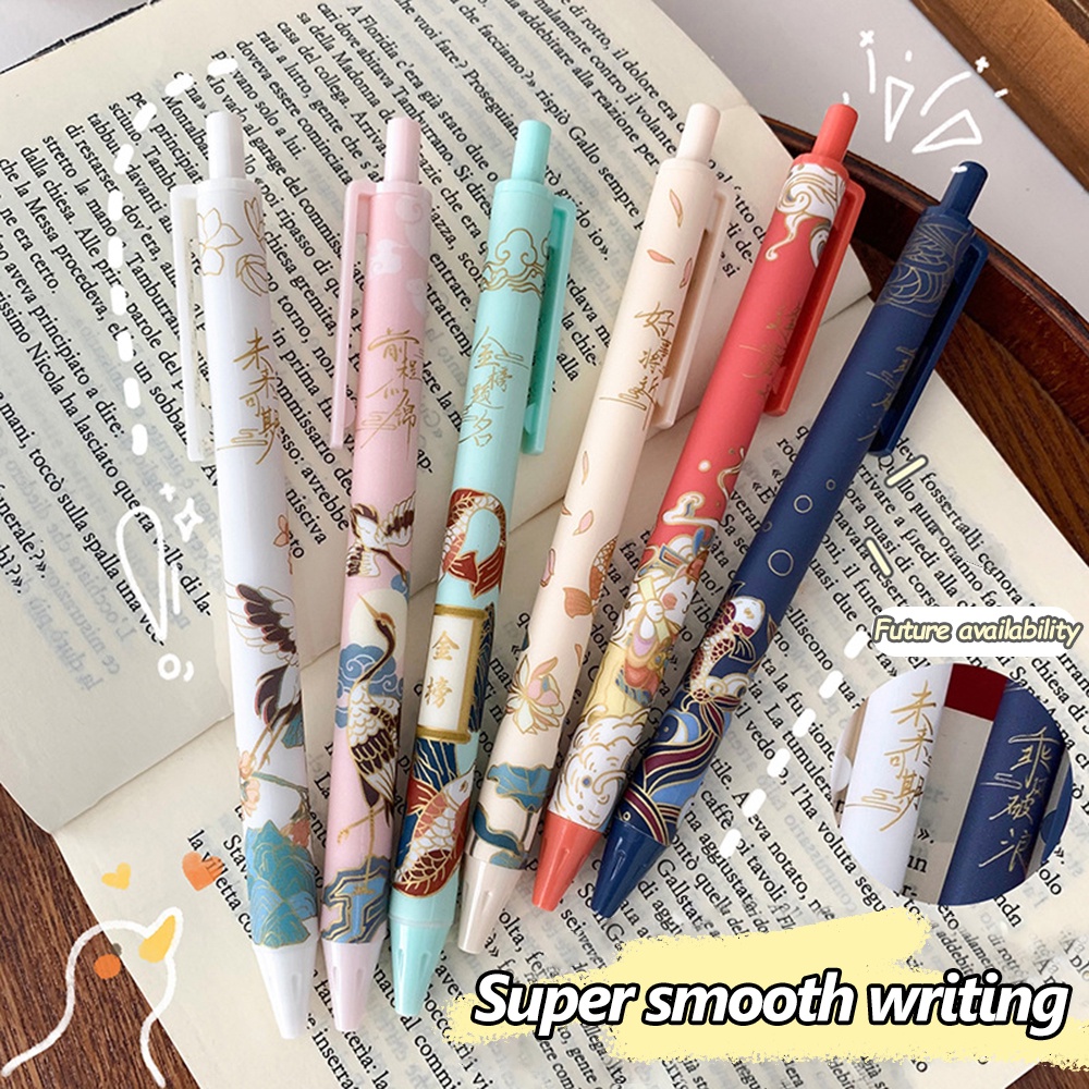 6 Pcs Gaya Cina Retro Push Core Netral Pen 0.5mm Hitam Isi Ulang Pena Menulis Keberuntungan Tujuan Umum Siswa Menulis Alat Tulis Kantor