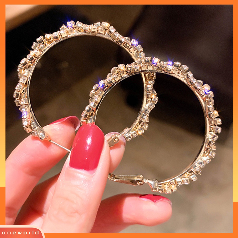 [WONE] Fashion Wanita Penuh Berlian Imitasi Memutar Putaran Besar Menjuntai Hoop Anting Perhiasan Hadiah