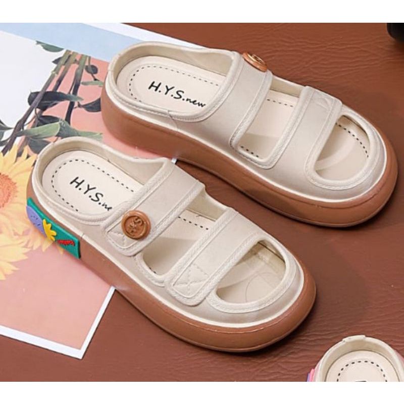 SANDAL WEDGES POLOS / BUNGA KANCING WANITA PREMIUM IMPORT KARET 029