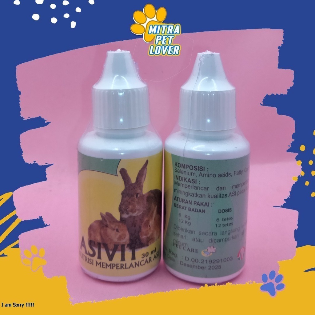VITAMIN PENAMBAH ASI KELINCI - ASIVIT KELIINCI 30ML - SUPLEMEN MENAMBAH PRODUKSI DAN MELANCARKAN AIR SUSU RABBIT MURAH ASLI GARANSI KUALITAS ORIGINAL - PET ANIMAL HEALTHCARE &amp; VETERINARY TAMASINDO OBAT KESEHATAN &amp;  VITAMIN TERNAK HEWAN  MITRAPETLOVER