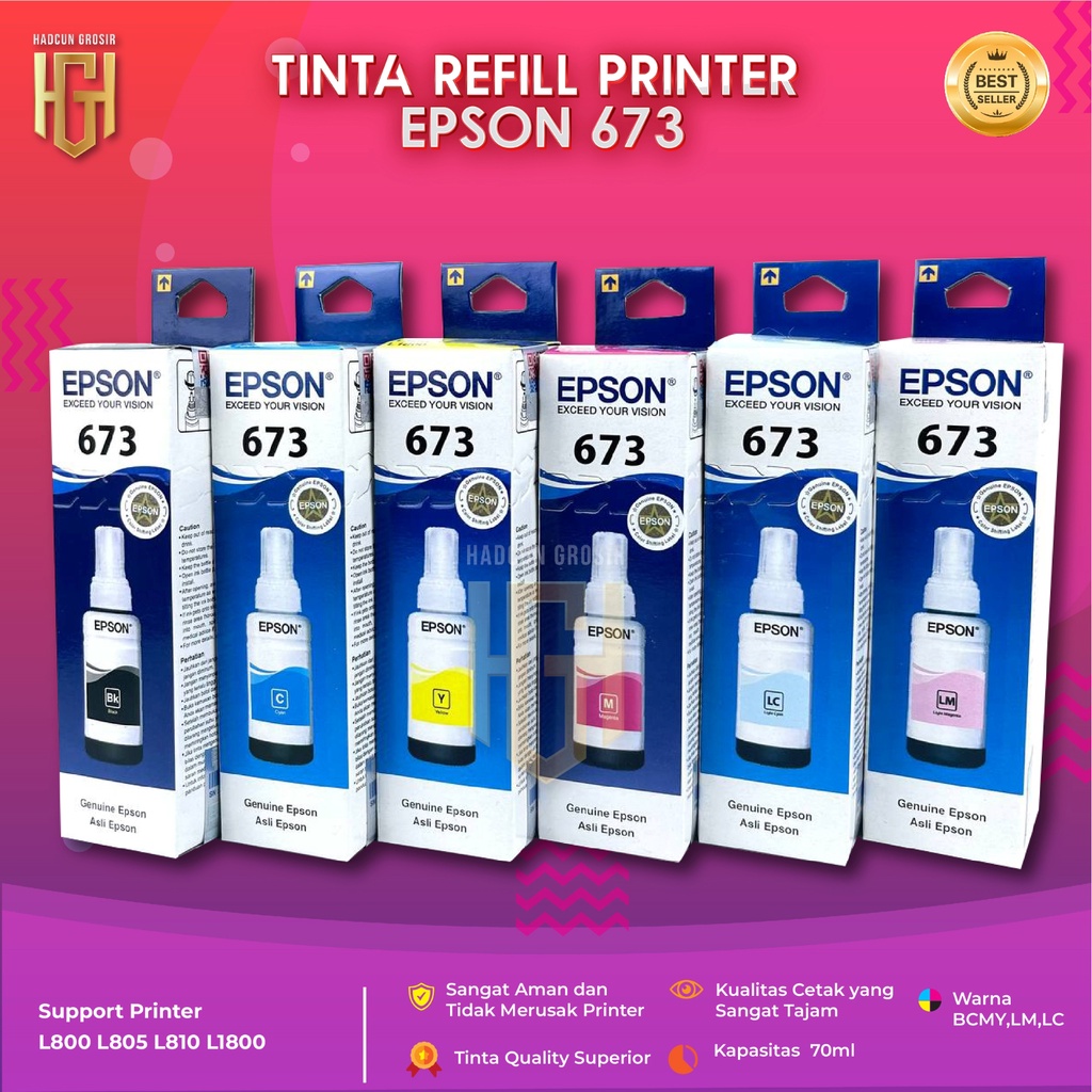 1 SET 6 PCS Tinta Epson 673 Tinta Printer L800 L805 L805 L850 L1800 Dus Baru