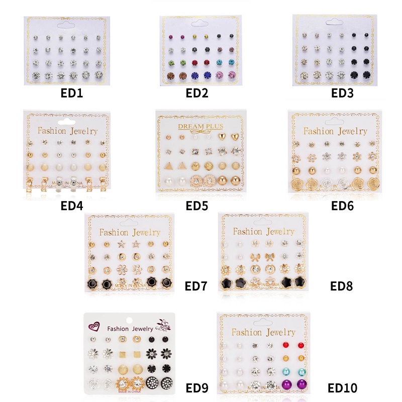 Fancyqube 12pasang /Set Fashion Manik Kristal Stud Anting Set Untuk Wanita Geometris Bunga Ikatan Simpul Mutiara Anting-Anting Pernyataan Pesta Perhiasan Hadiah