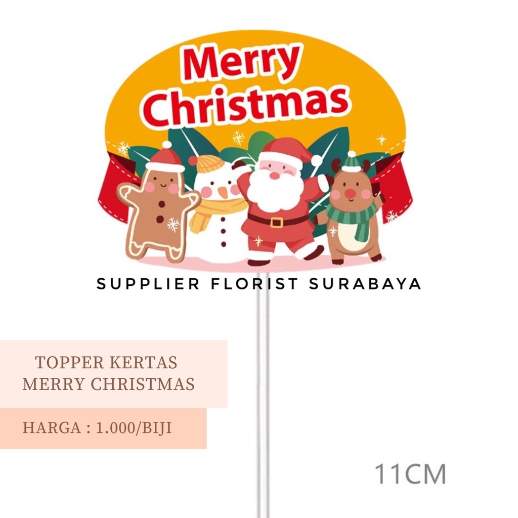 TOPPER KERTAS TULISAN MERRY CHRISTMAS BAHAN KERTAS + STICK DIAMETER 10 CM TOPPER KUE NATAL NATALAN RUSA SANTA LONCENG
